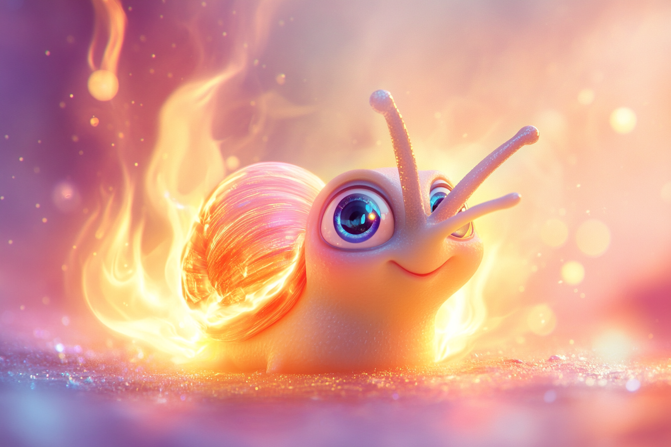 Sparkly Fire Snail with Sweet Eyes in Pixar Style