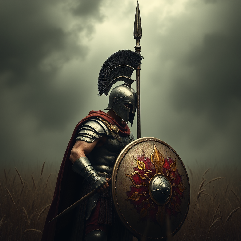 Spartan Warrior with Spear and Shield in Dark Field
