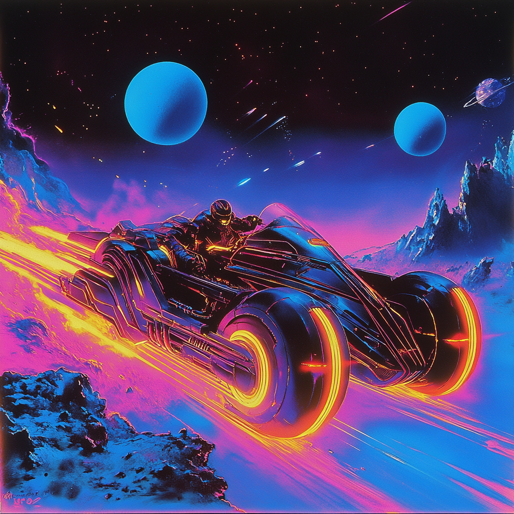 Speeding armored motorcycle in space with neon glow.