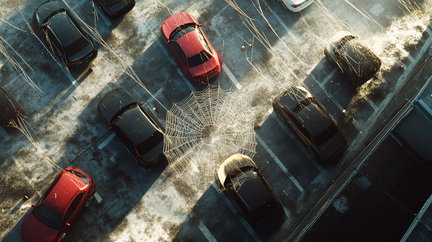 Spider Web Cars in Sunlight Glow