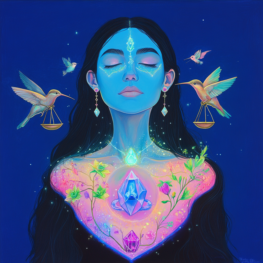 Spirit woman with blue skin holds justice scales.