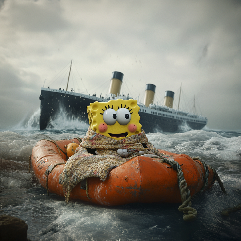 Spongebob shivers on raft; Titanic sinks, ice surrounds. - Stock Image ...