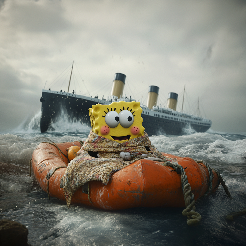 Spongebob shivers on raft; Titanic sinks, ice surrounds.