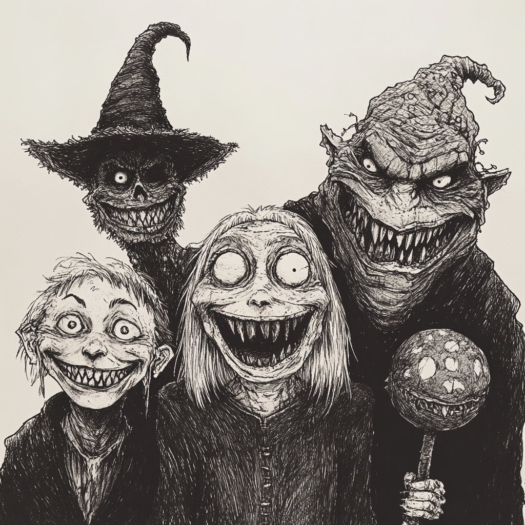 Spooky Creatures Smiling Together in a Drawing