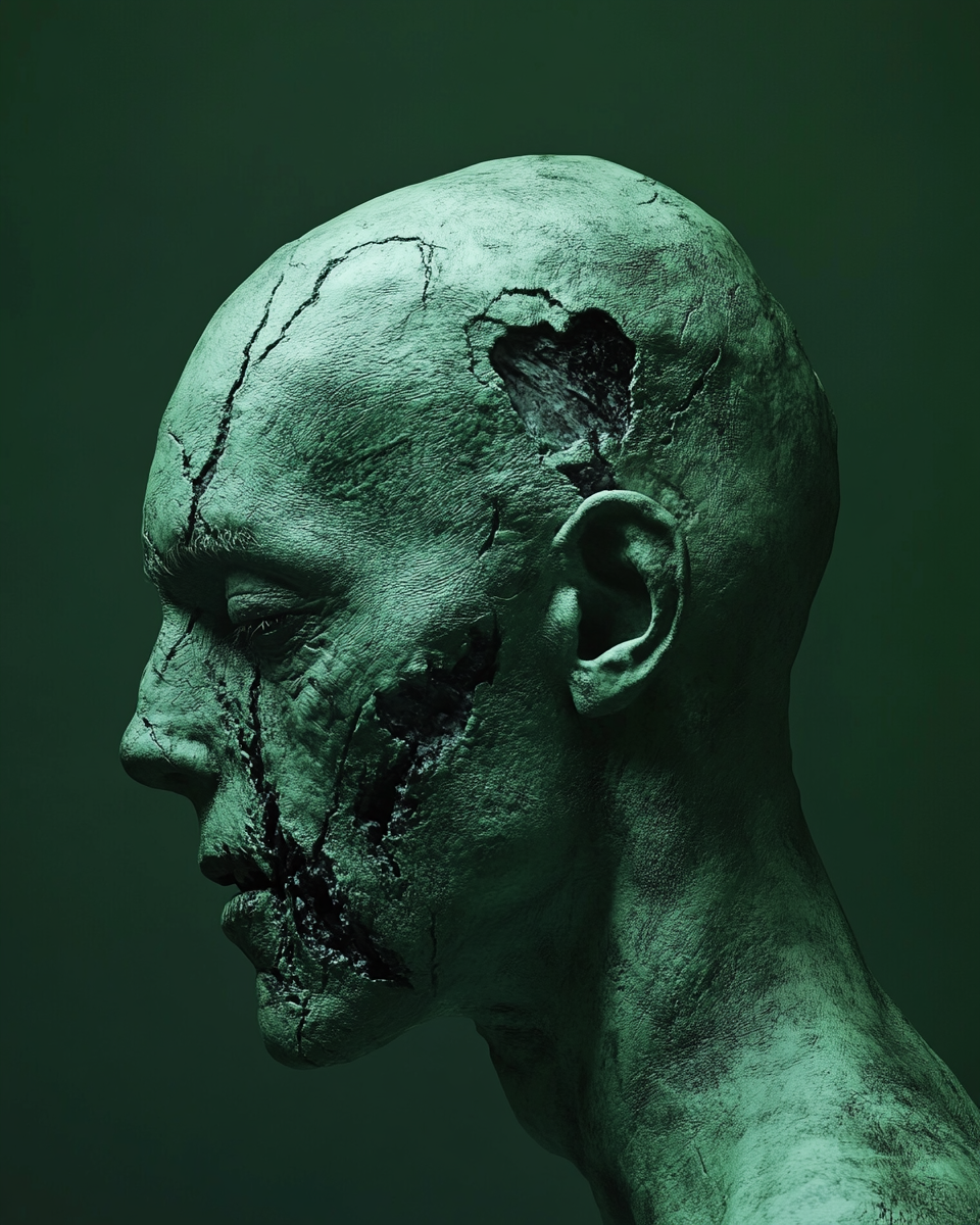 Spooky Green Zombie Head Portrait in Detailed Image