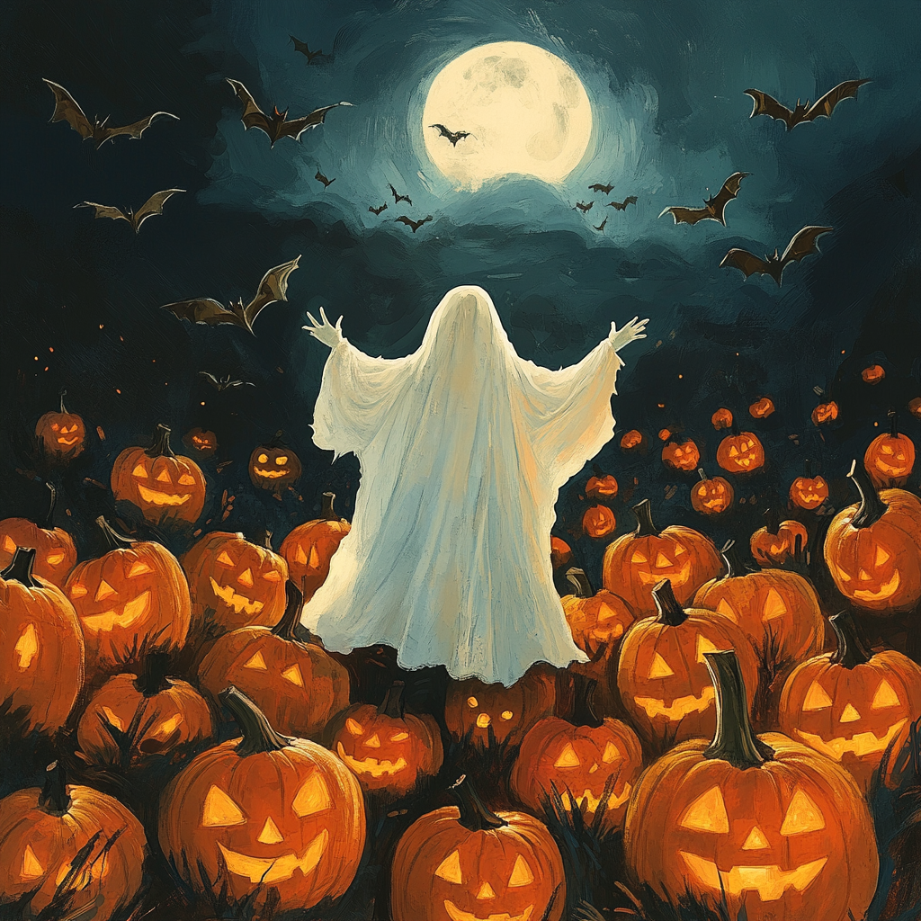 Spooky Halloween night with jack-o'-lanterns and ghost