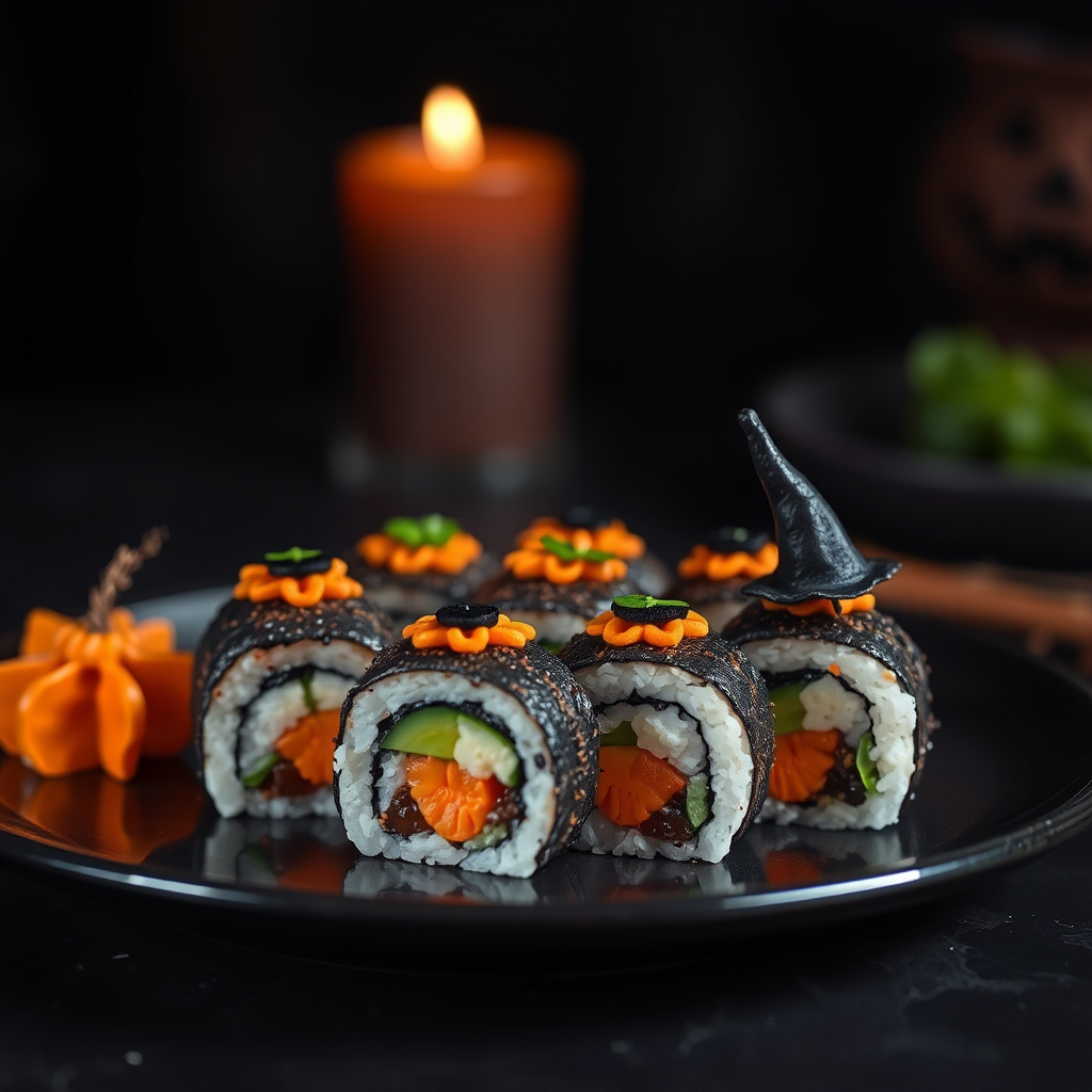 Spooky Halloween sushi roll with cute presentation title.