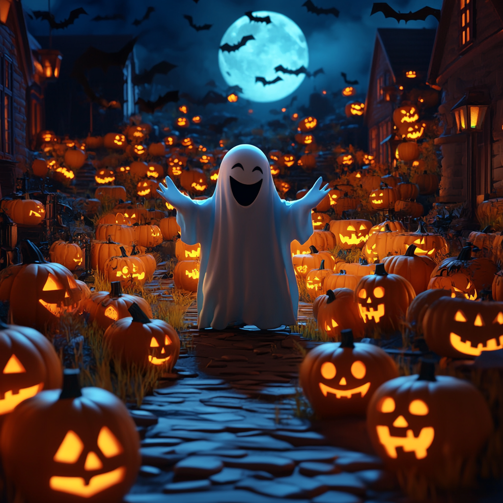 Spooky Jack-o'-lanterns and Ghost at Night