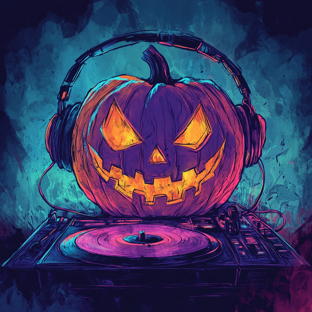 Spooky Jack-o-lantern DJ spins records at night