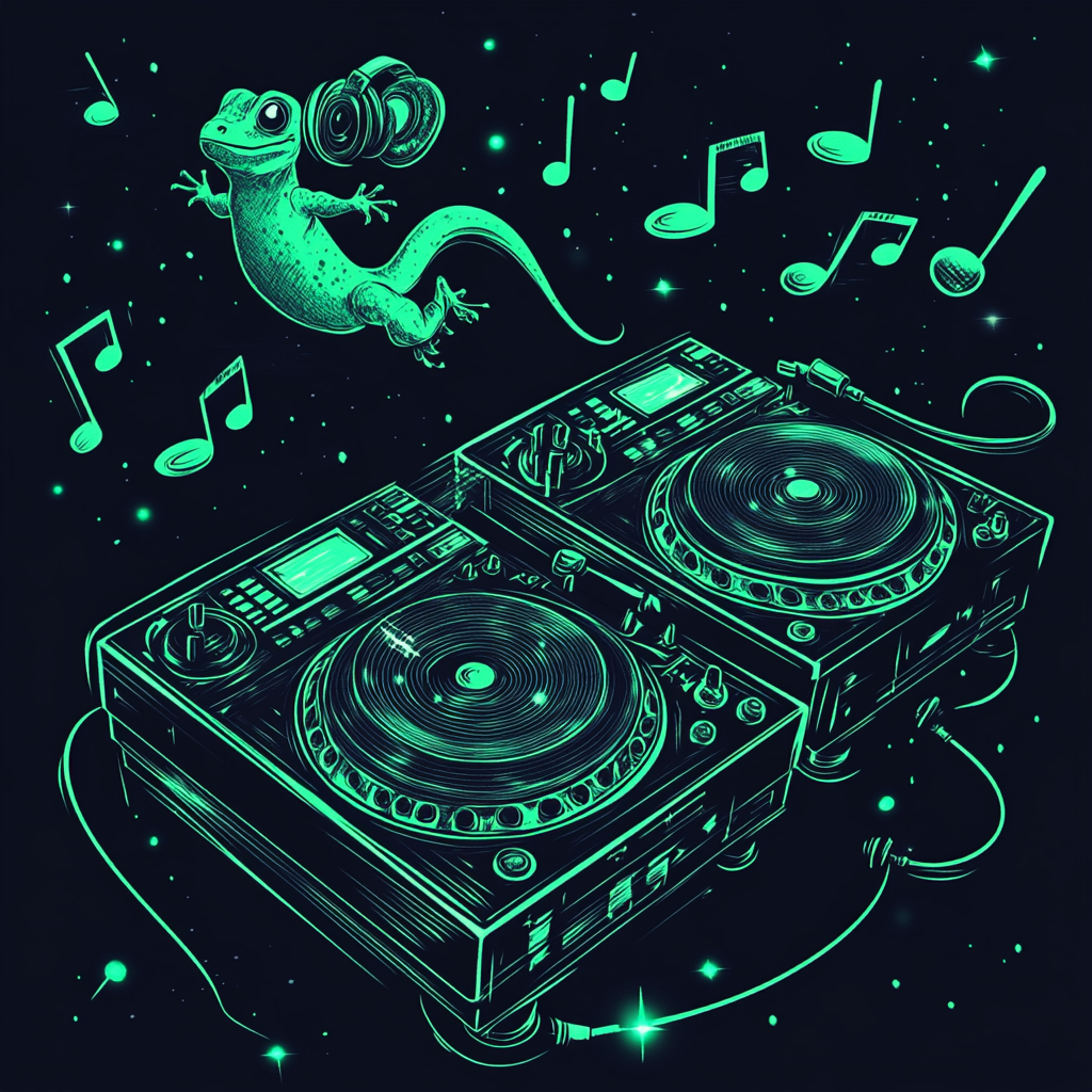 Spooky Neon DJ Poster with Cartoon Lizard Ghost