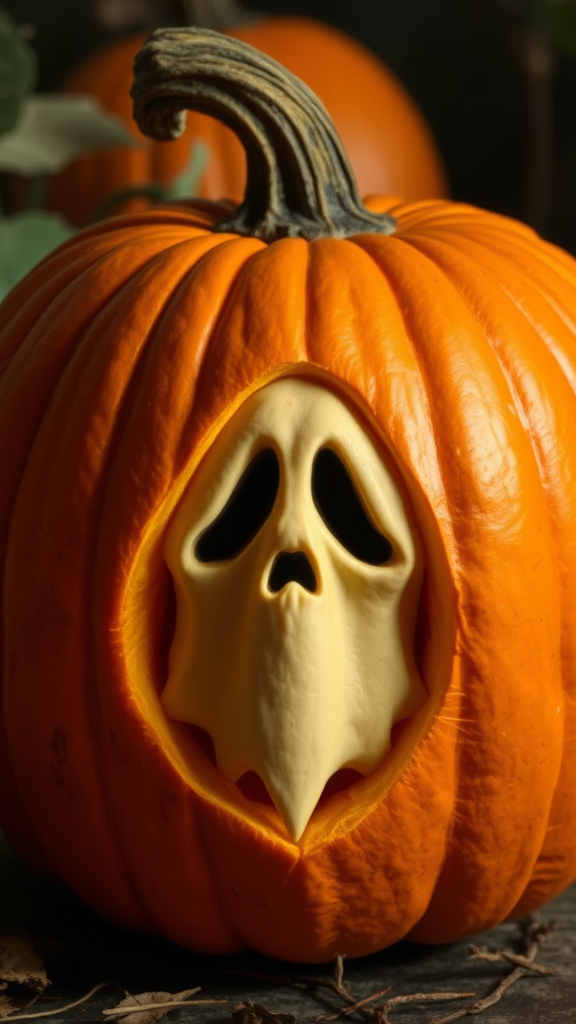 Spooky Pumpkin with Ghostly Face Reflection