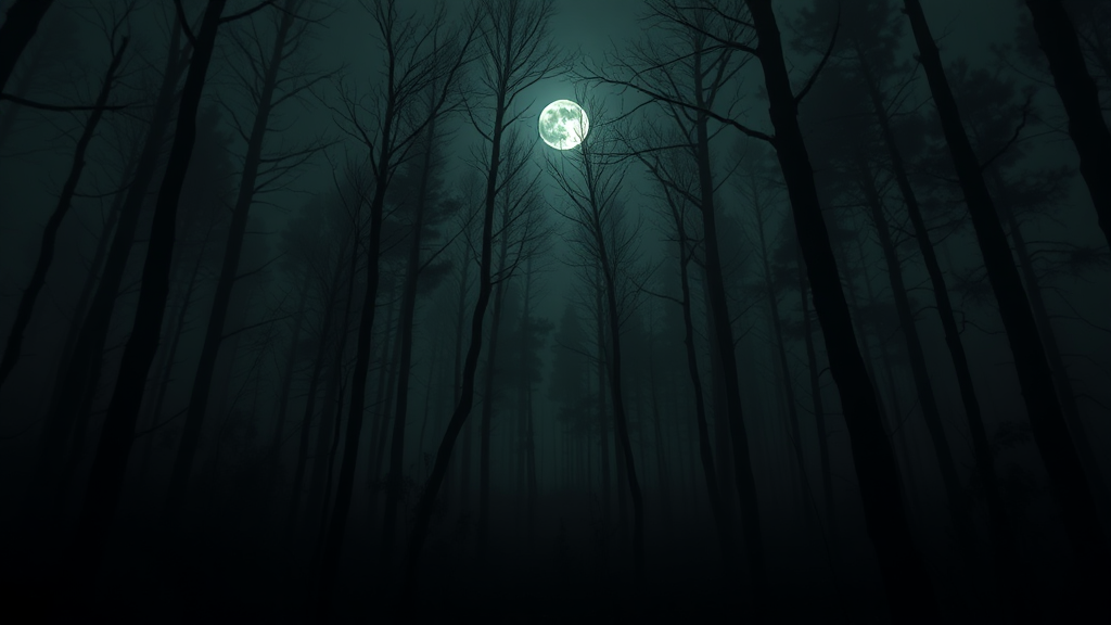 Spooky midnight forest with fog and full moon.