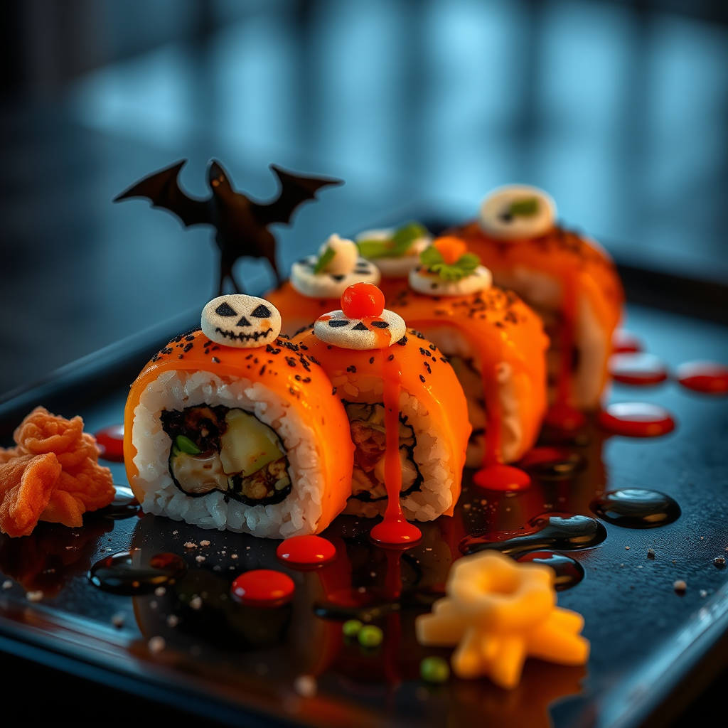 Spooky sushi rolls in elegant Halloween setting.