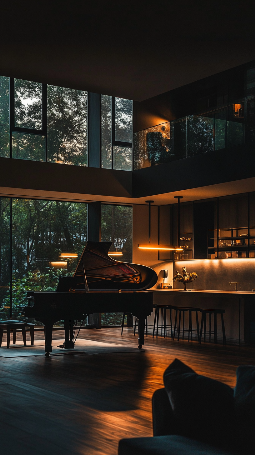 Spotlight shining on grand piano in dark room