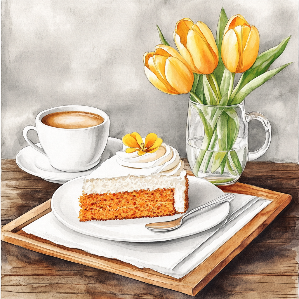 Spring-themed watercolor cake and coffee clipart.