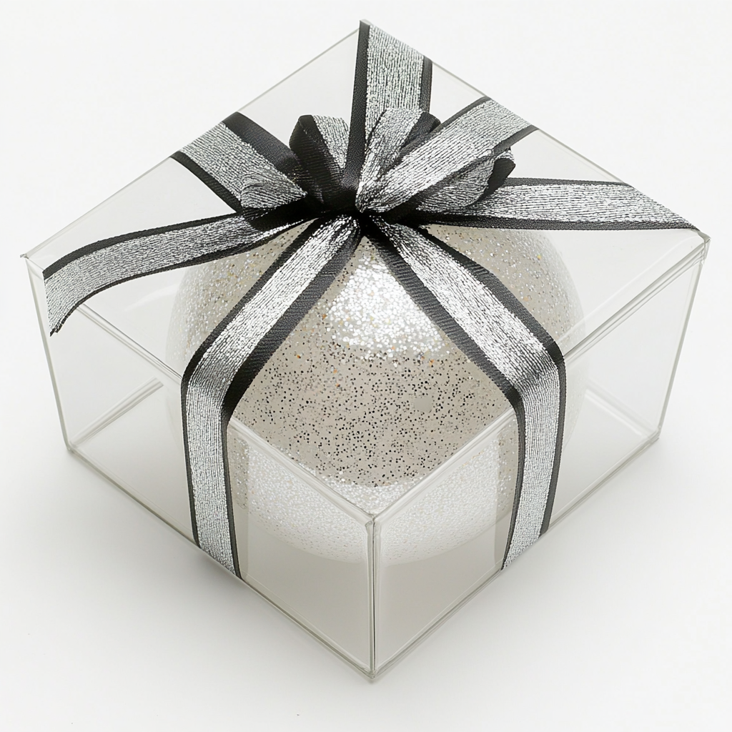 Square gift box with silver & black ribbon, white sphere.