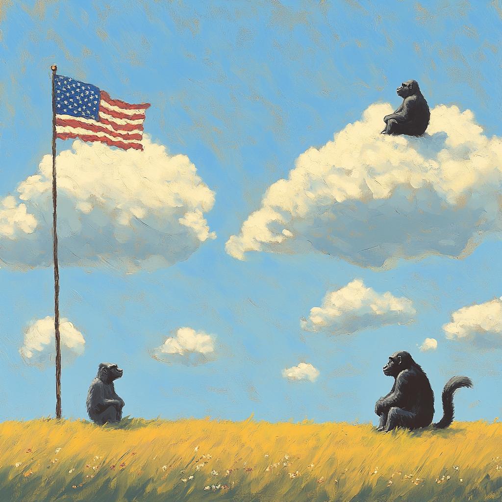 Squirrel and Gorilla meet on Clouds above Meadow.