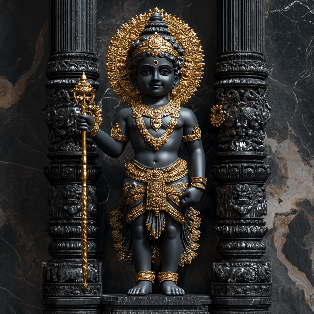 Sri Ram: Photorealistic Black Marble Sculpture with Golden Ornamentation.