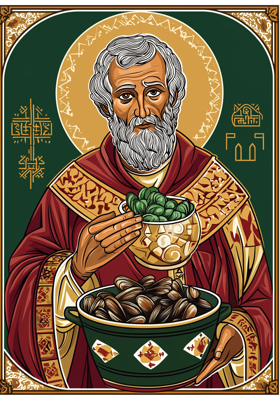 St Nicolas eats mussels in Slavic icon style