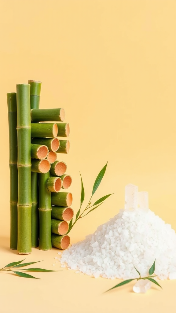 Stacked bamboo tubes, salt crystals on beige background