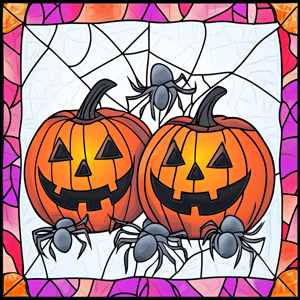 Stained glass image of jack-o-lanterns with grey spiders.