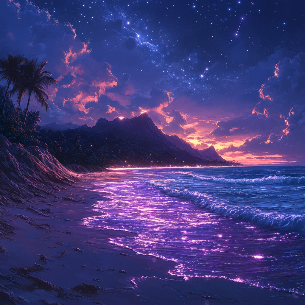 Starry night at beach with purple water flow