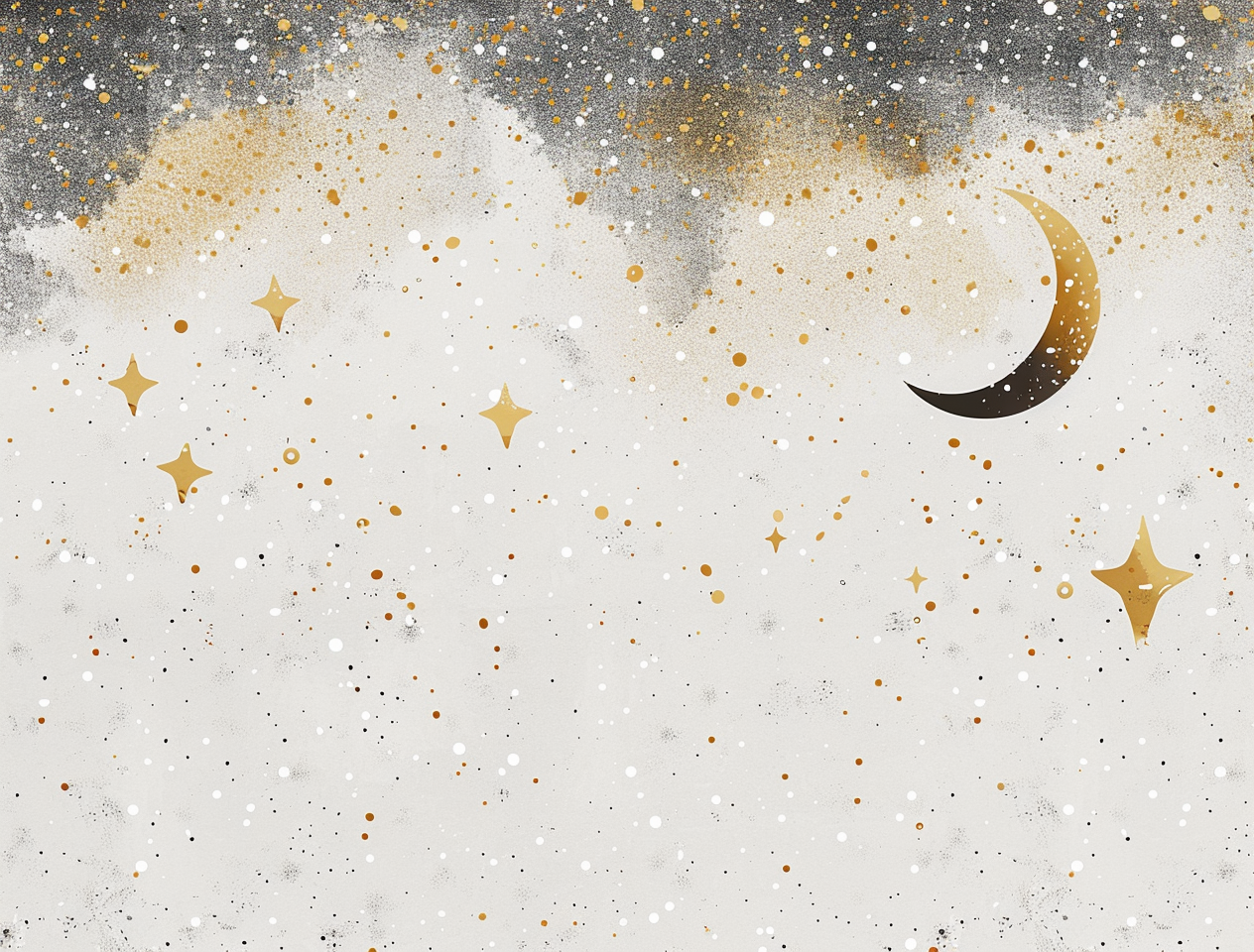 Starry sky with glittering gold dots and moon.