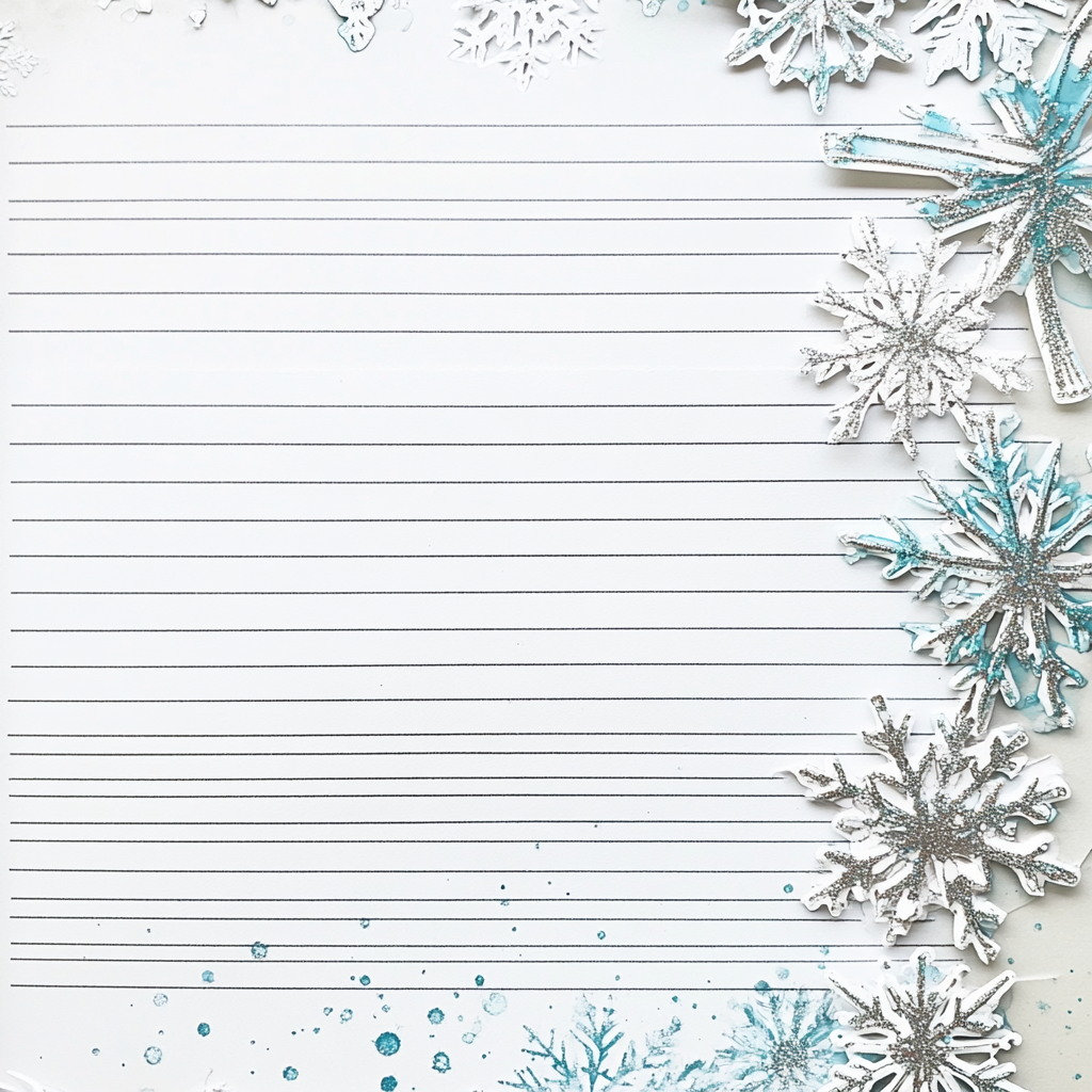 Stationery with silver snowflakes and blue splashes.