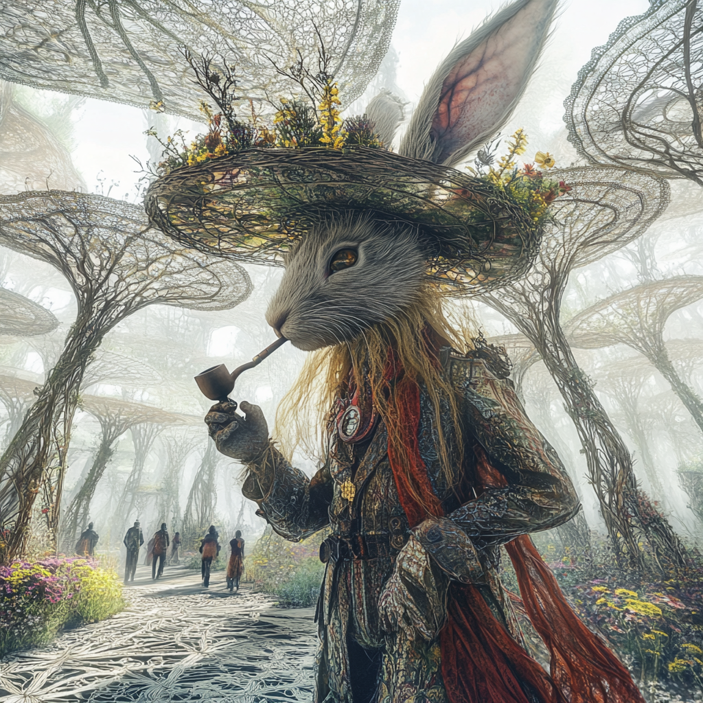 Steam punk rabbit with pipe in abstract forest perspective.