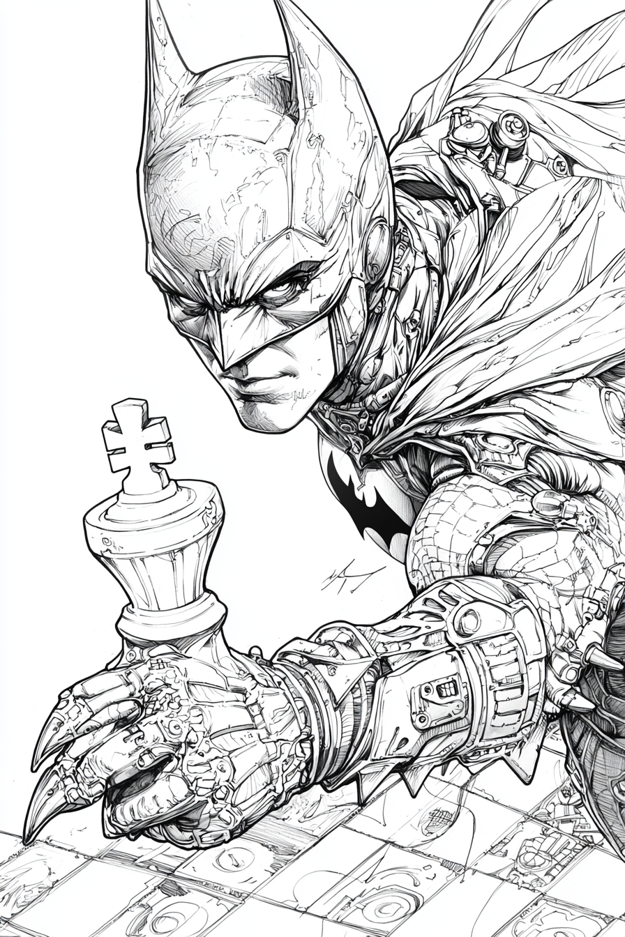 Steampunk Batman boy merging into white knight chess piece.