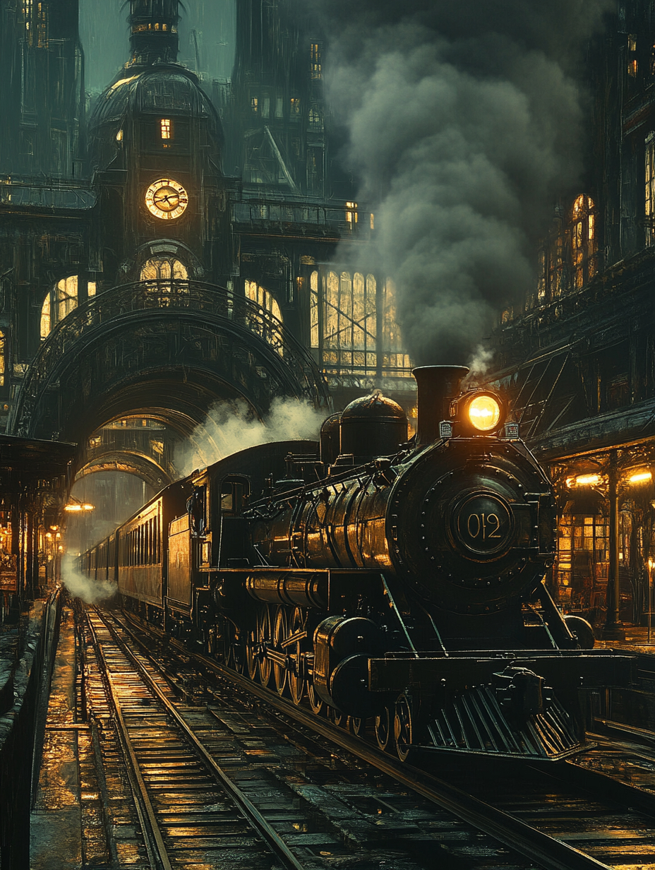 Steampunk train station with gears and steam engine