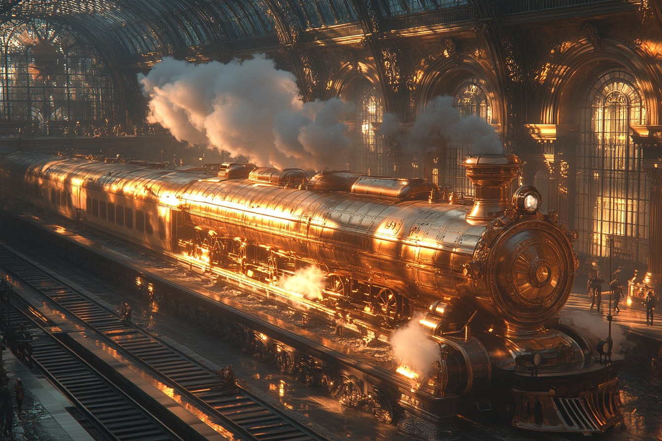 Steampunk trains at station with steam and sunlight.