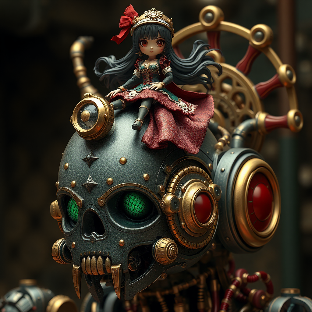 Steampunk woman rides giant robot in chibi style.