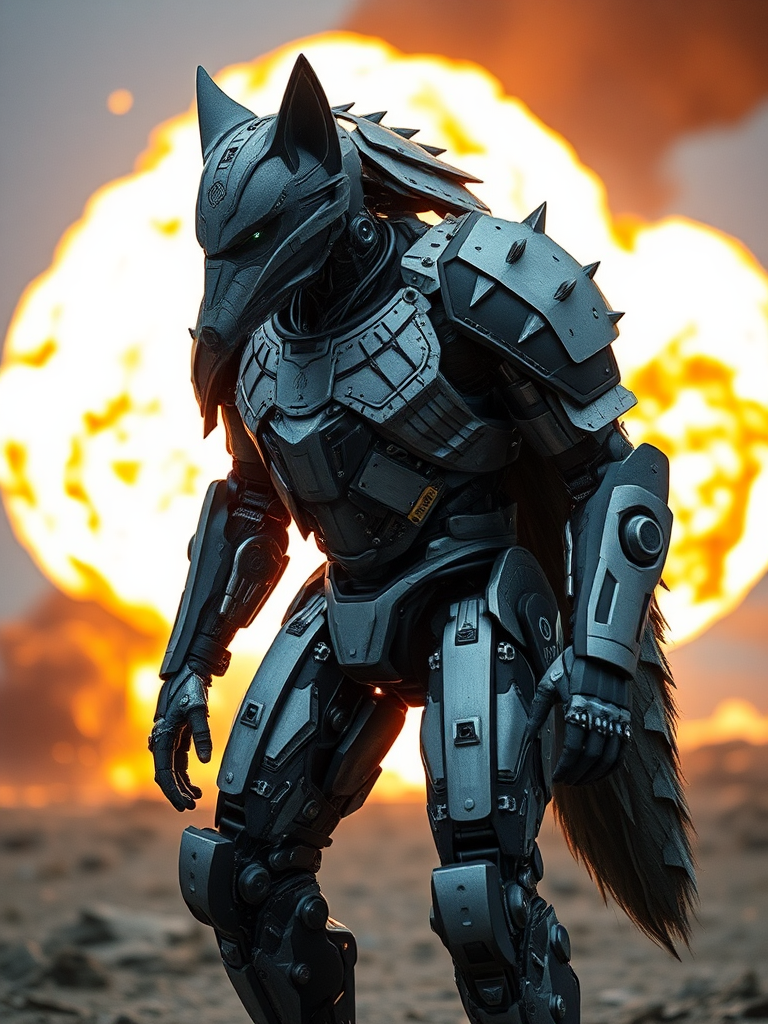 Steel Wolf Armor on Human with Explosion Background