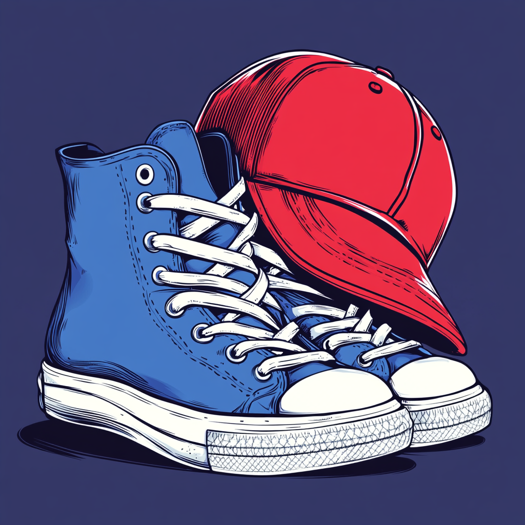 Stepping sneakers on cap, cuffed pants, cartoon style