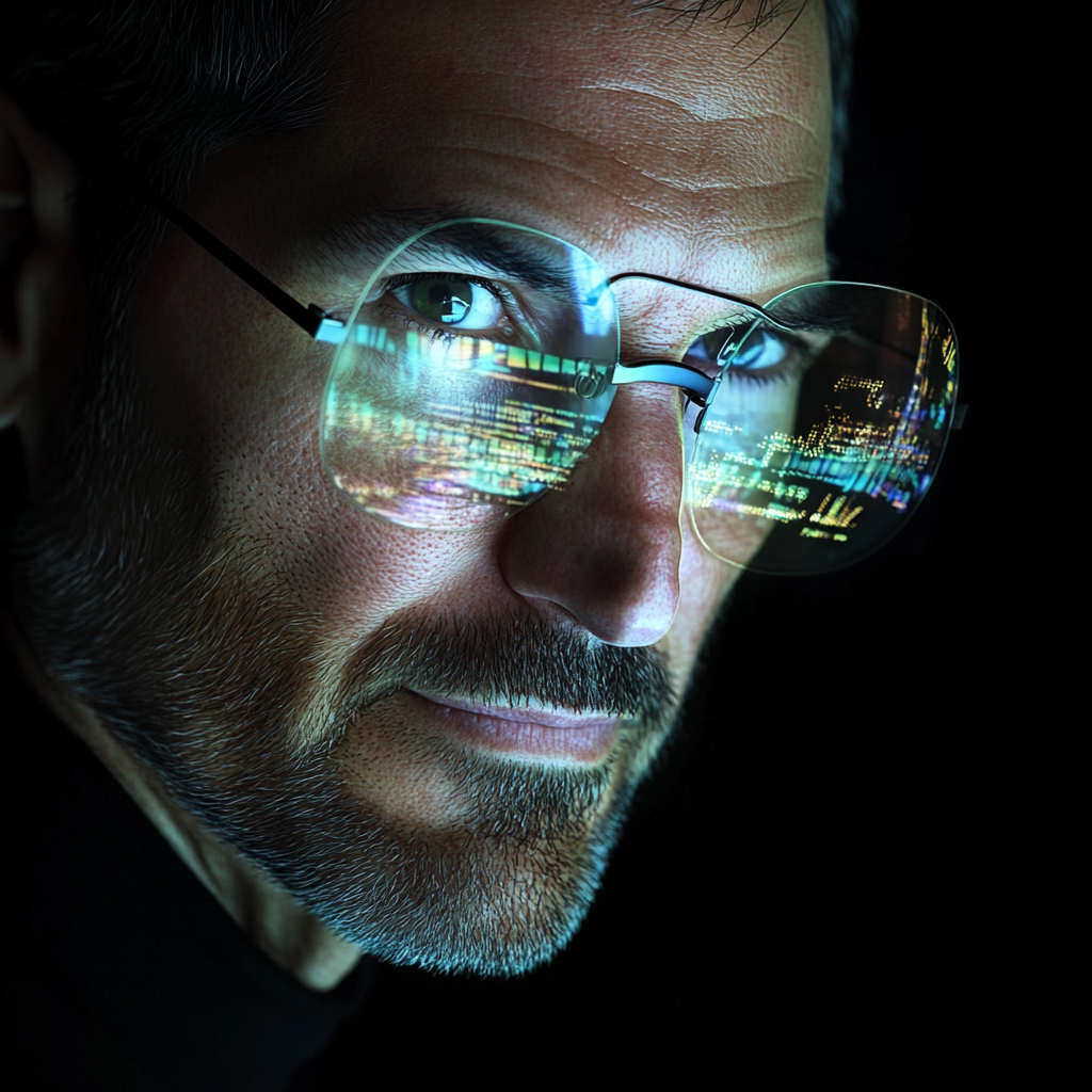 Steve Jobs wearing cool glasses, looking at hologram