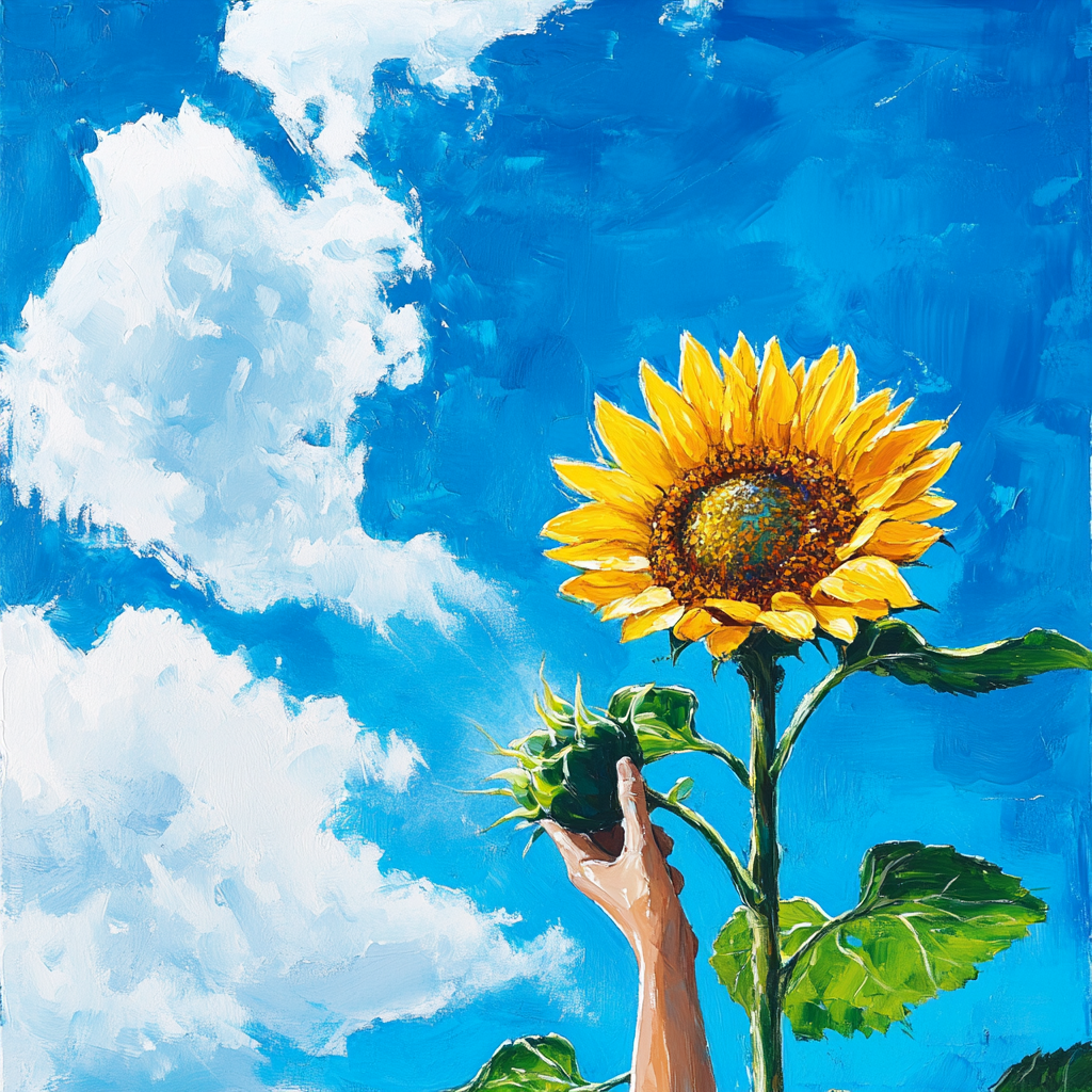 Stick figure picking sunflower at reality vortex. Bright, colorful.