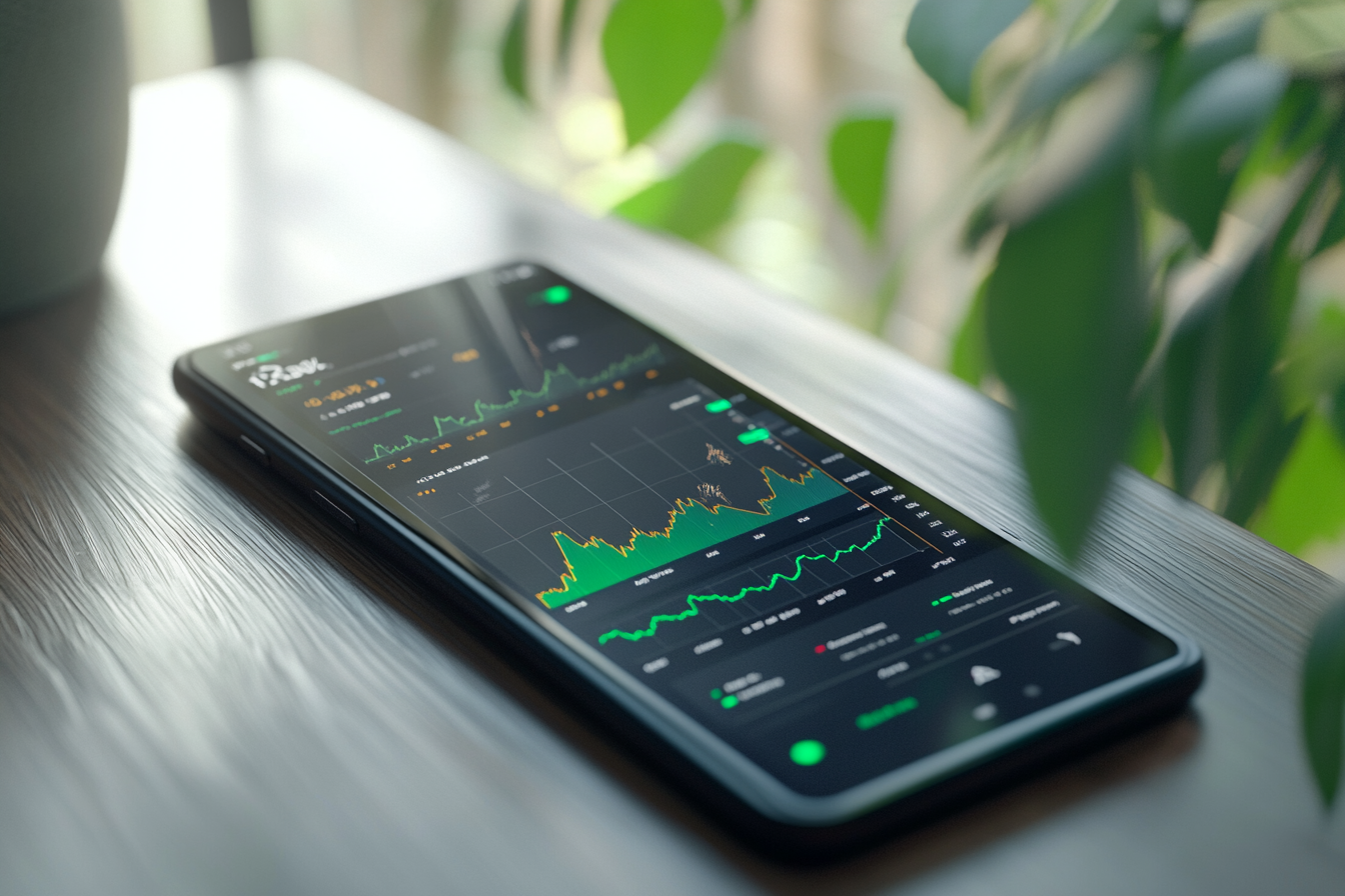 Stock market app showing detailed graphs on phone