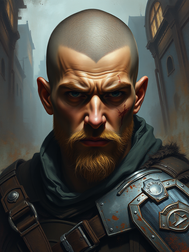 Stoic Warrior in Ruined City: An Oil Painting