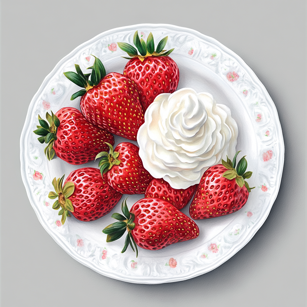 Strawberries and Whipped Cream on White Plate