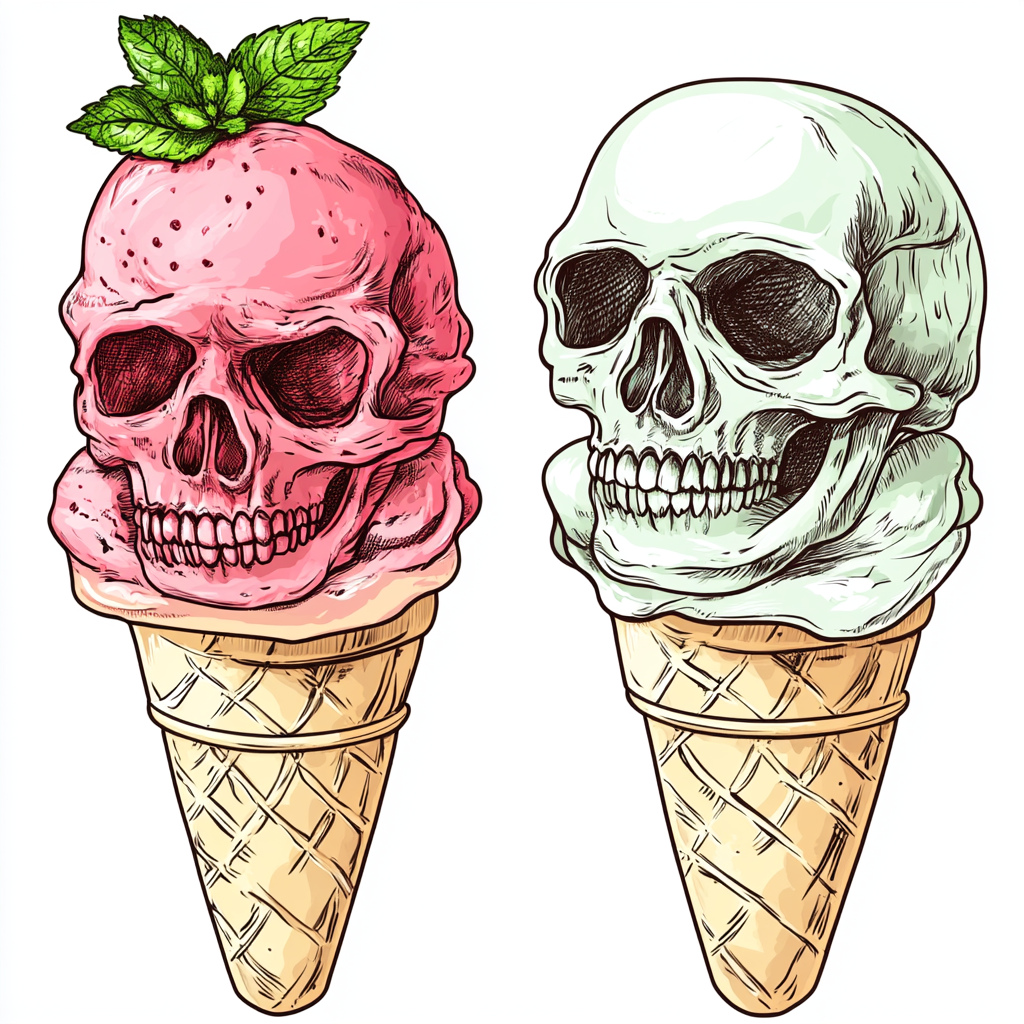 Strawberry and mint ice cream skulls in cone.