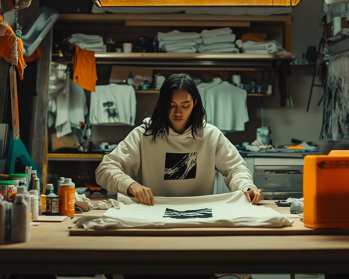 Streetwear designer measuring oversized hoodie in studio