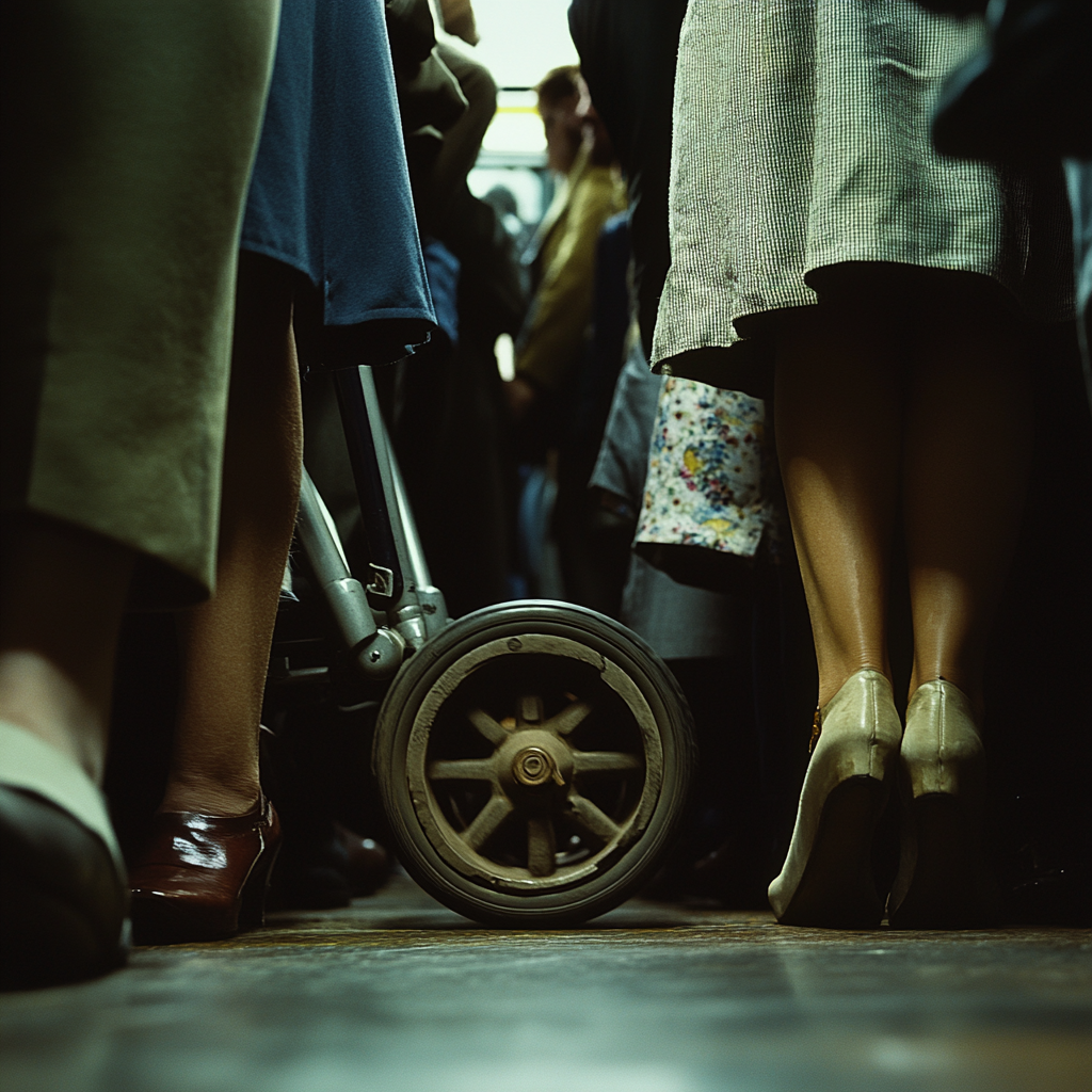 Stroller Wheel in Crowded Bus: Cinematic Close-up