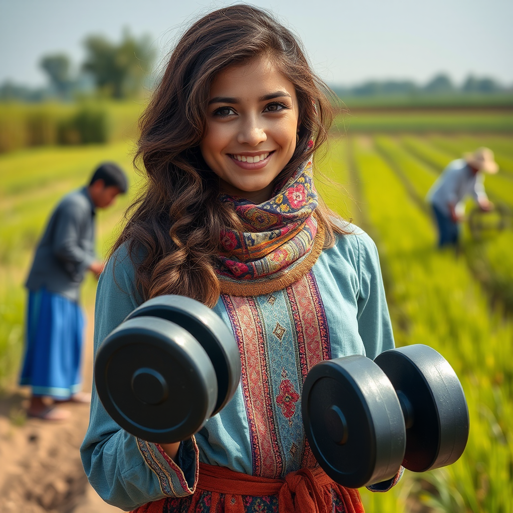 Strong Iranian Girl Helps Plant in Paddy Field