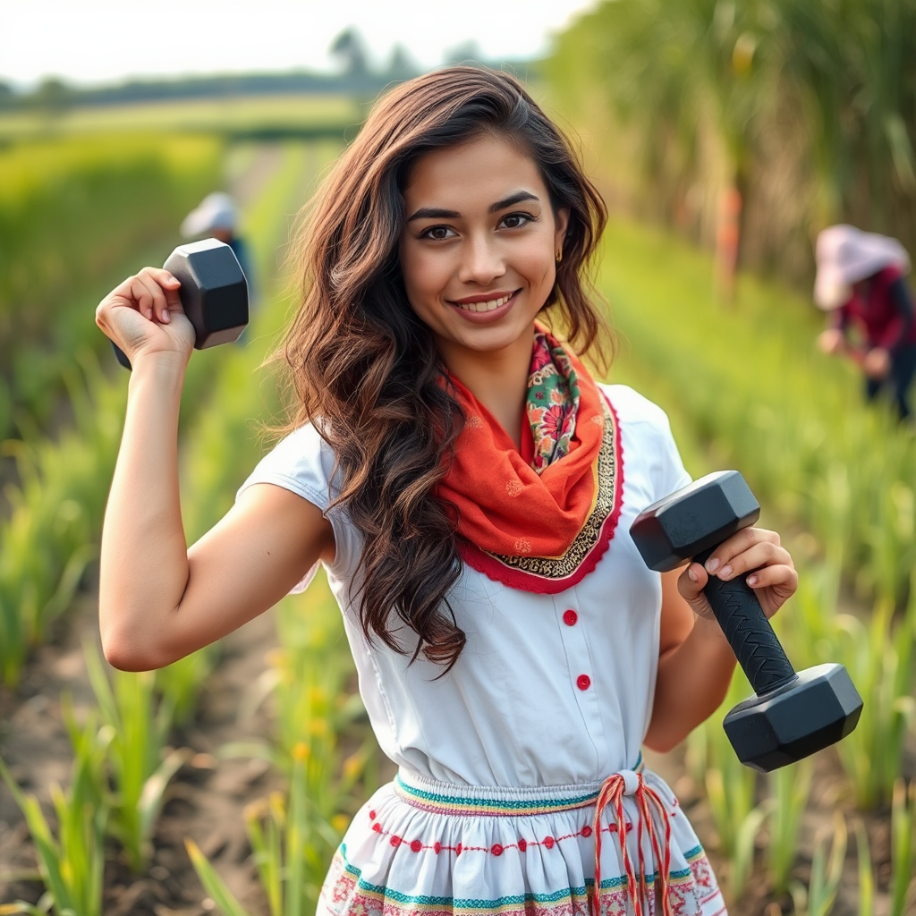 Strong girl in Iranian clothes holding dumbbell.