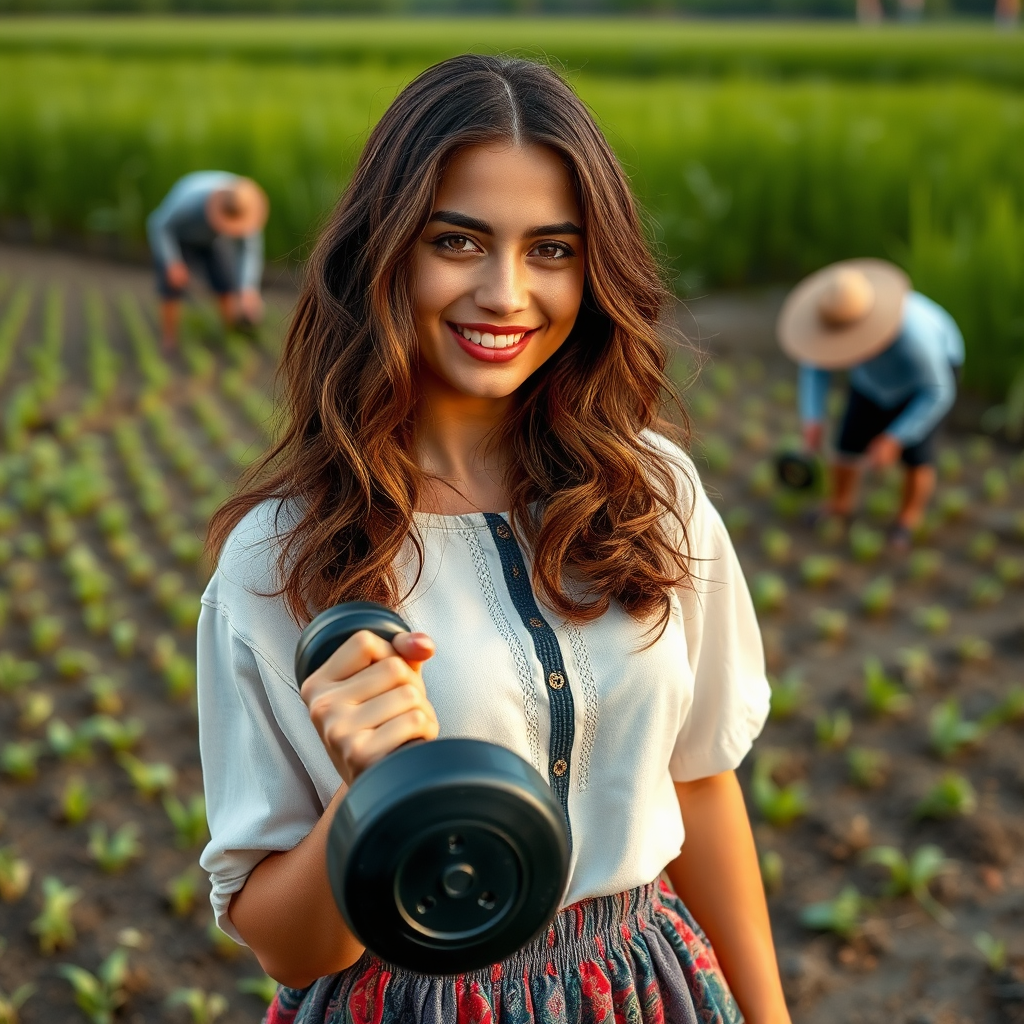 Strong girl in stylish Iranian dress near paddy field.