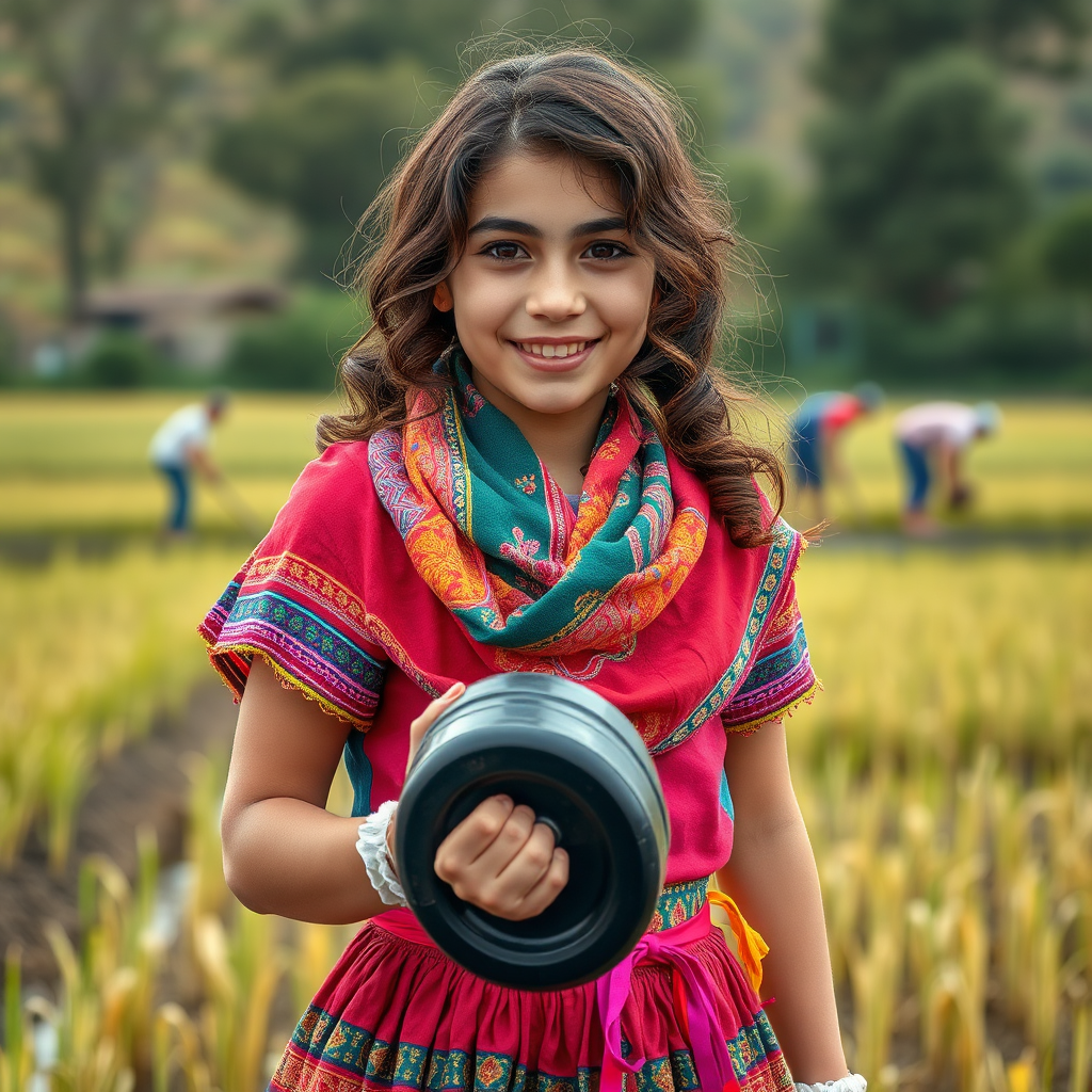 Strong girl in traditional Iranian dress holds dumbbell.