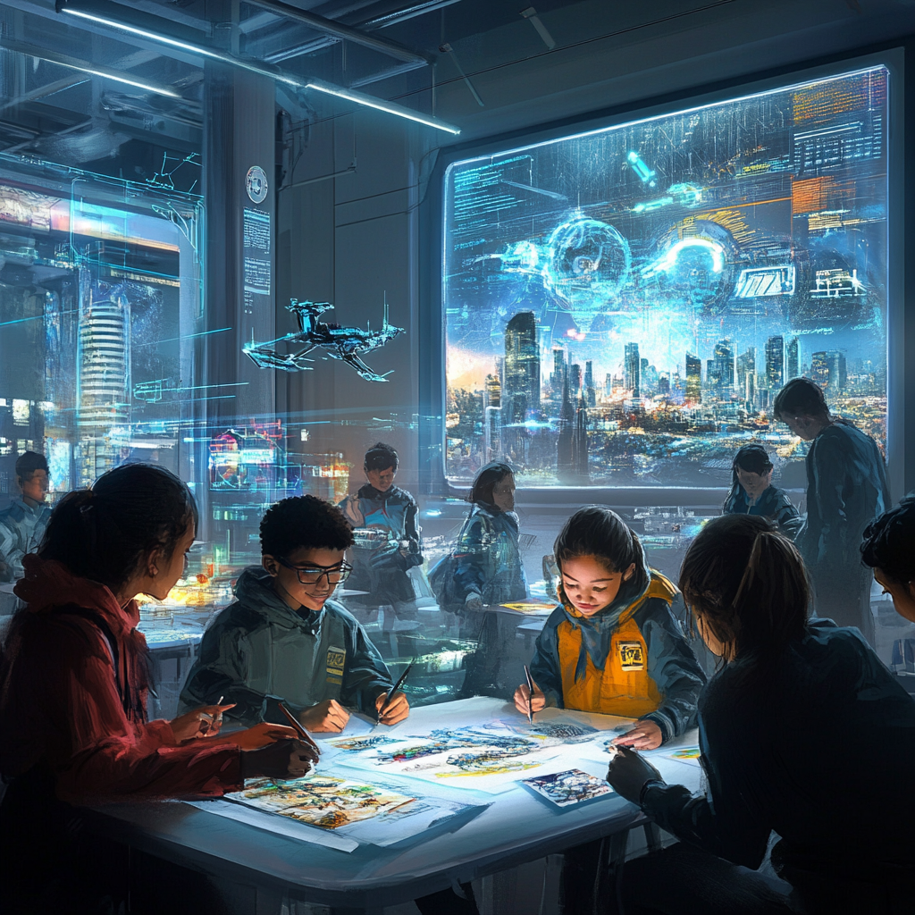 Students brainstorm futuristic ideas in vibrant classroom scene