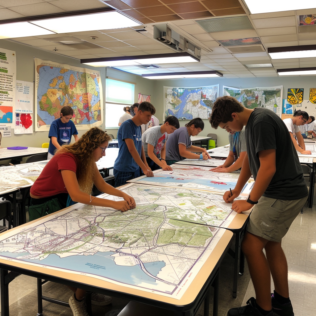 Students draw personal maps in bright classroom.