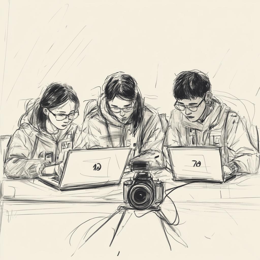 Students studying on desk with laptops, wearing uniforms.